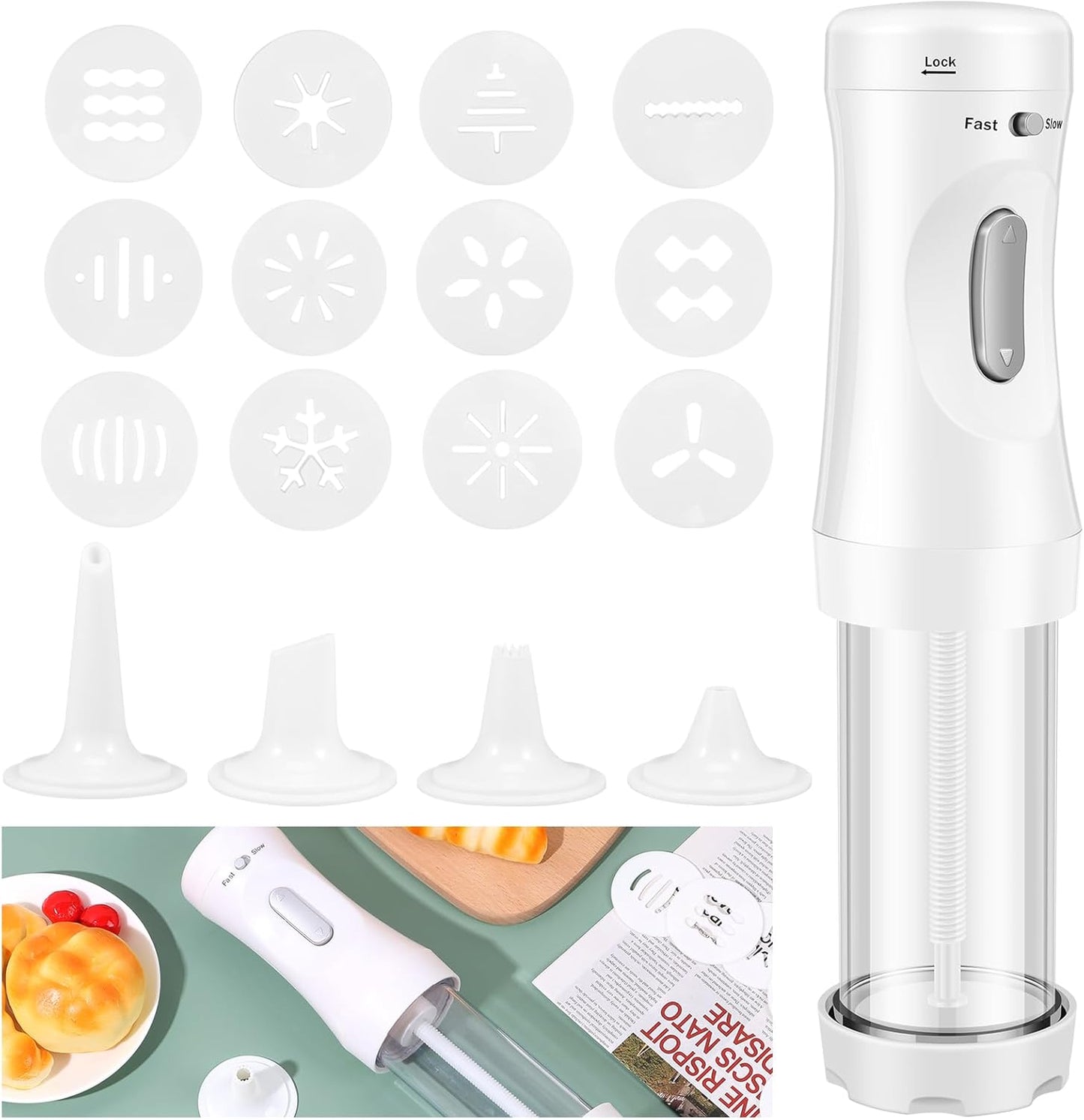 Abizarch Electric Cookie Press Gun,DIY Cookies Maker Set with 12 Cookie Discs and 4 Icing Nozzles, Electric Cookie Press Decorating Kit for Baking Biscuit Maker