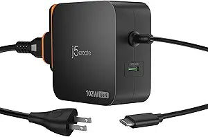 j5create 102W GaN USB-C 2-Port Nano Super Charger w/AC Extension Compact and Portable Design for MacBook, Windows Laptops, iPad, Smartphones, Game Consoles (JUP25100P)