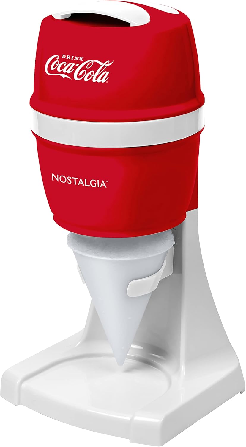 Nostalgia Coca-Cola Snow Cone Shaved Ice Machine - Retro Table-Top Slushie Machine - Includes 1 Reusable Plastic Cup and Ice Mold, Coke Red