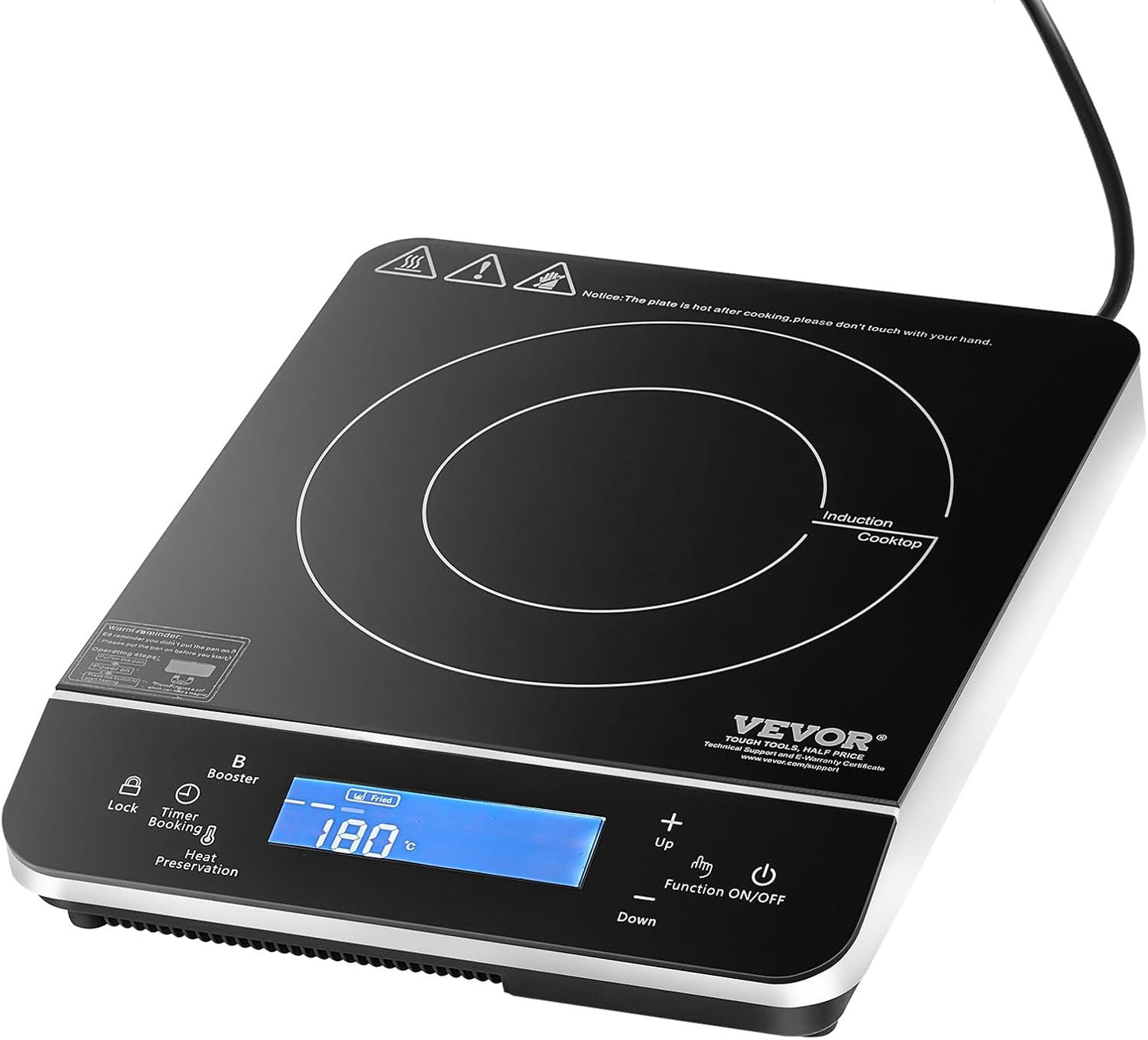 VEVOR Portable Electric Cooktop, 1800W Induction Burner with 9 Temp Settings, Countertop Hot Plate with 4H Timer, 24H Reservation, Child Lock, Easy to Clean