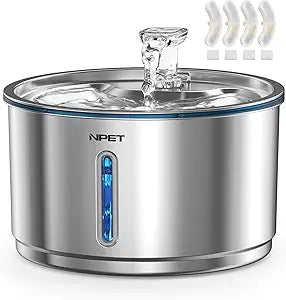NPET Stainless Steel Cat Water Fountain, 1Gallon/135oz Automatic Pet Drinking Fountain Dog Water Dispenser with 4 Replacement Filters for Cats Indoor