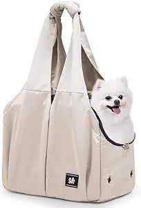 Dog Purse Carrier for Small Dogs, Cats, and Puppies – Soft-Sided Travel Pet Tote Bag with 4 Large Pockets, Foldable, Lightweight, Fits Pets up to 15 lbs, for Travel, Outings (Beige)