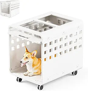 Acrylic Dog Crate, Puppy Dog Kennel Indoor with Wheels for Small/Medium Size Pet, Stylish Safe & Easy Cleaning Side Table Dog Cage(White)