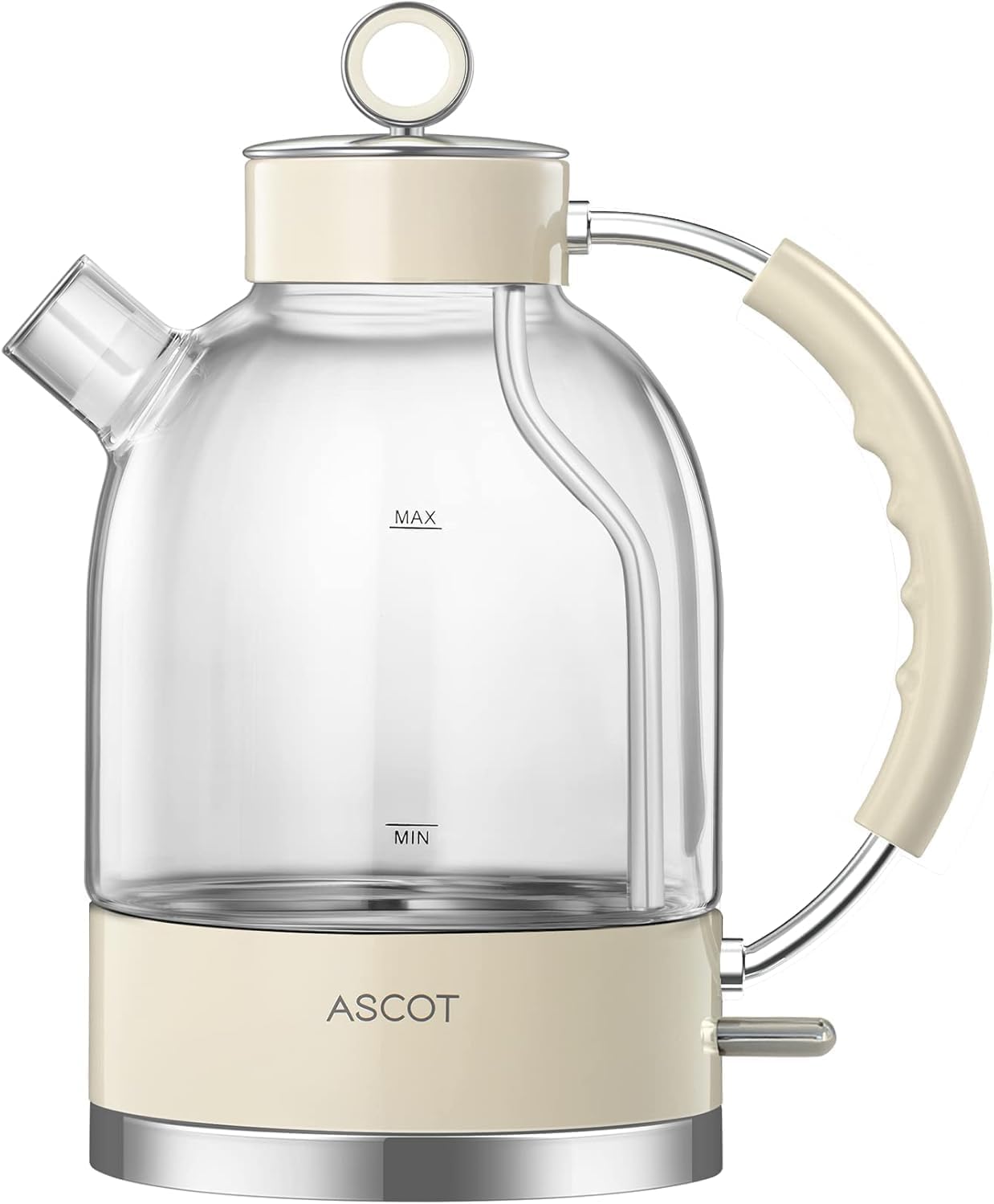 ASCOT Electric Kettle, Glass Electric Tea Kettle Boiler Gifts for Men/Women/Family 1.5L 1500W Borosilicate Glass Tea Heater, with Auto Shut-Off and Boil-Dry Protection (Cream)