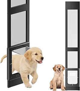 Dog Door for Sliding Glass Door with Magnetic Plastic Flat, Sliding Door Pet Doggie Door Insert with Lock, Adjustable Height No-Cut Required Doggy Door Access for Renters, Apartments, Patio (Black, S)