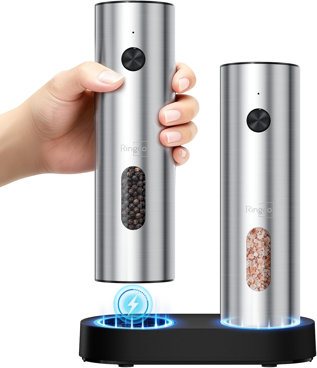 Ringco Electric Salt and Pepper Grinder Set with Charging Base, Rechargeable Salt and Pepper Mill with Adjustable Coarseness, LED Light, 110ml Large Capacity for Kitchen, Outdoors, Christmas Gift