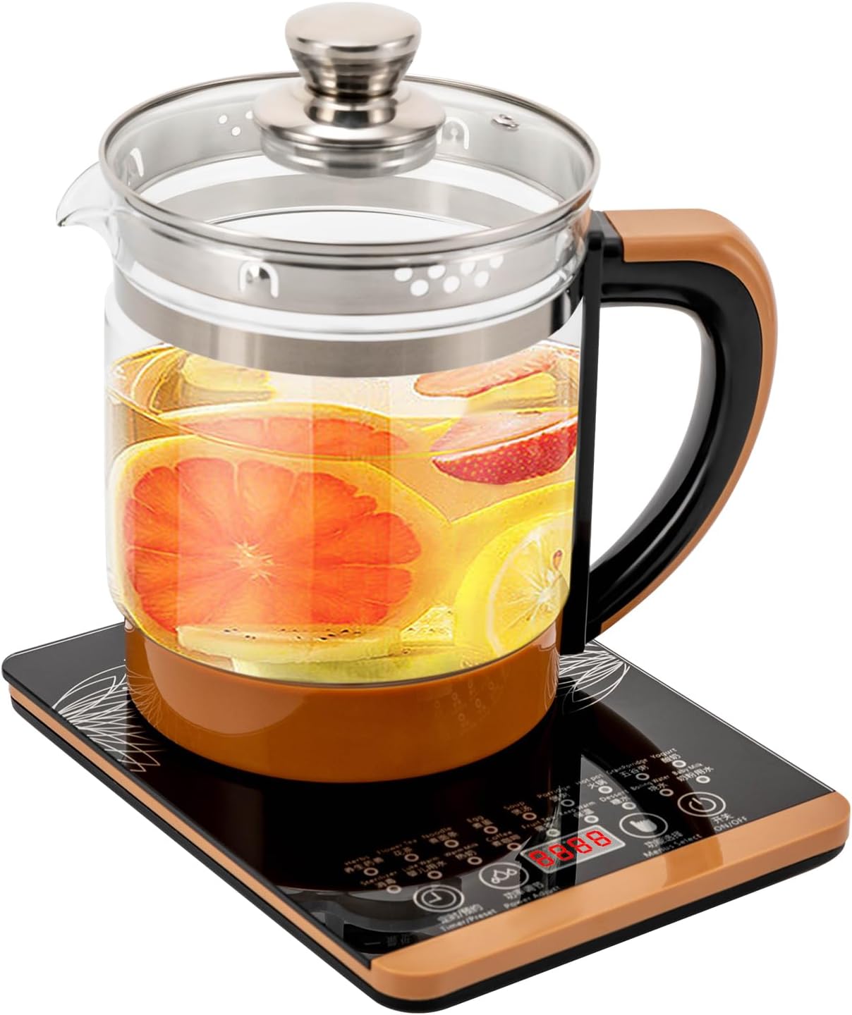 1.8L Electric Glass Kettle, 800W Health Pot with Temperature Control, 12 Independent Warming Stages, 18 Menus, Tea Infuser, Egg Steamer, Portable Kettle for Fragrant Tea, Coffee