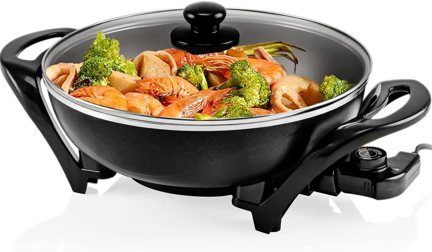 Electric Wok With Lid Nonstick - Electric Skillet Serves For 6 People, Portable Countertop Cooking Wok, 5-Dial Temperature Control, 13inch, Black