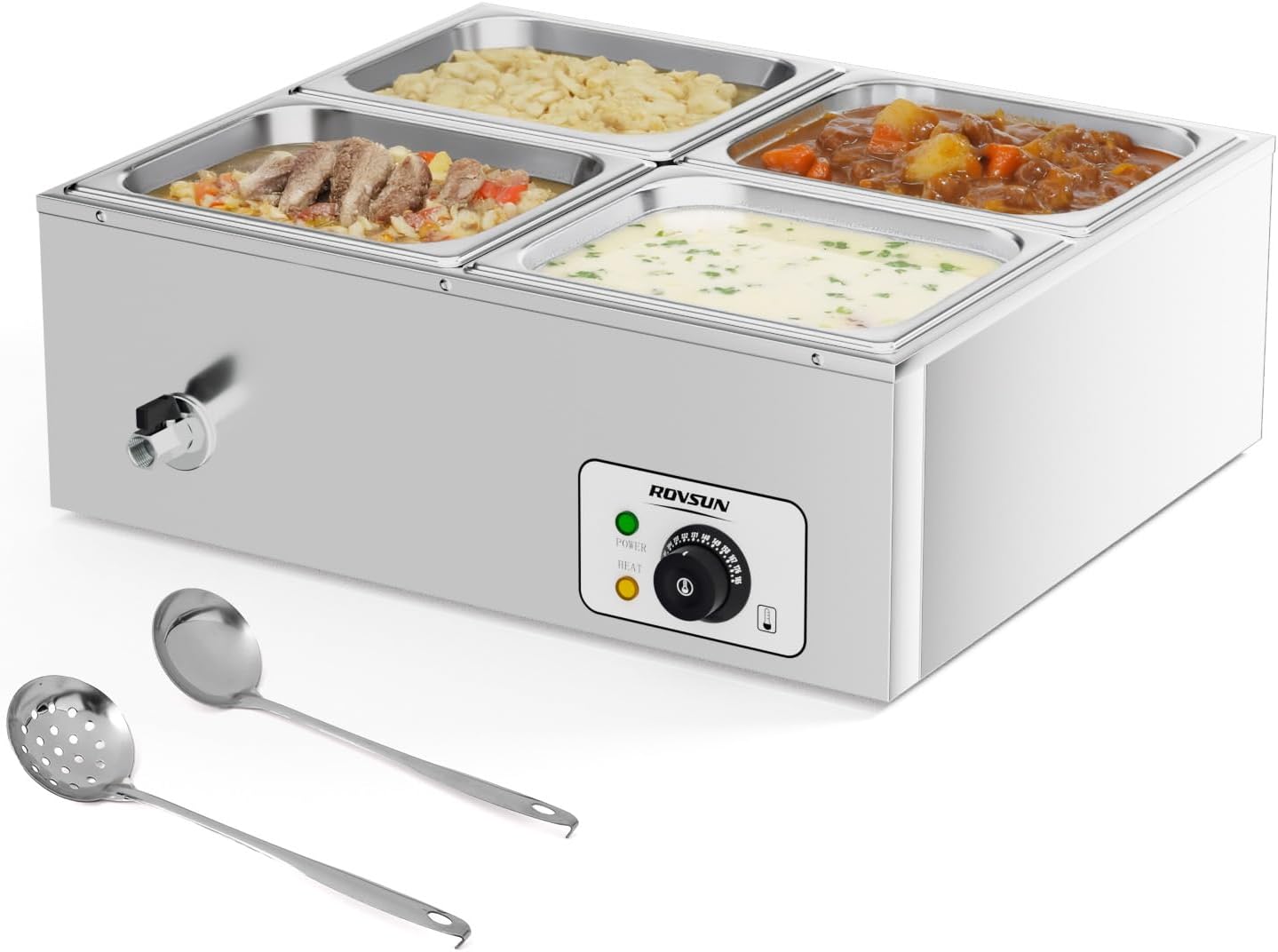 ROVSUN 42.3QT 4-Pan Electric Commercial Food Warmer, 110V Stainless Steel Bain Marie Buffet, 10.6 QT\/Pan Stove Steam Table with Temperature Control & Lid for Parties, Catering, Restaurants