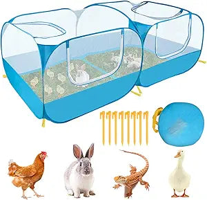 SlowTon Small Animals Playpen, Portable Large Chicken Run Coop with Breathable Transparent Mesh Walls Foldable Pet Cage Tent with 4 Zipper Doors for Puppy Rabbits Outdoor Yard (No Bottom)