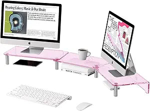 dual monitor stand riser, 3-layer pink acrylic monitor stand with anti slip pad, adjustable length and angle, suitable for 2 monitors, desktop, laptop, PC, printer, TV screen (Pink acrylic)