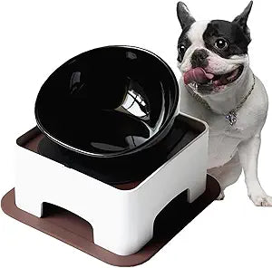 Ceramic Bulldog Bowl Dog Feeding Bowl - Dog Dish Wide Mouth Pet Sterile Tilted Pet Feeder with Anti-Skid Rubber Mat for Small Medium Dogs (Black)