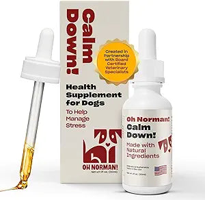 OH NORMAN! Dog Calming Aid Supplement with Chamomile, L-Theanine, Valerian, Passion Flower & Melatonin - Calm Down! by Kaley Cuoco - Ideal for Separation, Thunderstorms, Fireworks & Travel - 1 Fl Oz