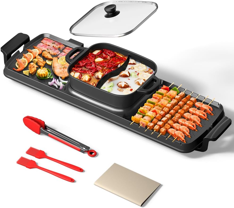 AORAN Smokeless Electric Hot Pot & Grill Combo, Large 9.5"x29" Non-Stick Design, 3 Adjustable Heat Levels, Easy to Clean,Includes Brushes, Tongs & Paper