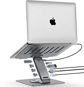 Adjustable Laptop Stand for Desk with Docking Station 9-in-1, Aluminum Laptop Riser with USB Hub, 360° Swivel, Dual Display 4K60Hz HDMI, 3 USB3.0, 100W PD Charging, for MacBook Pro Air/Dell/HP 7-15.6"