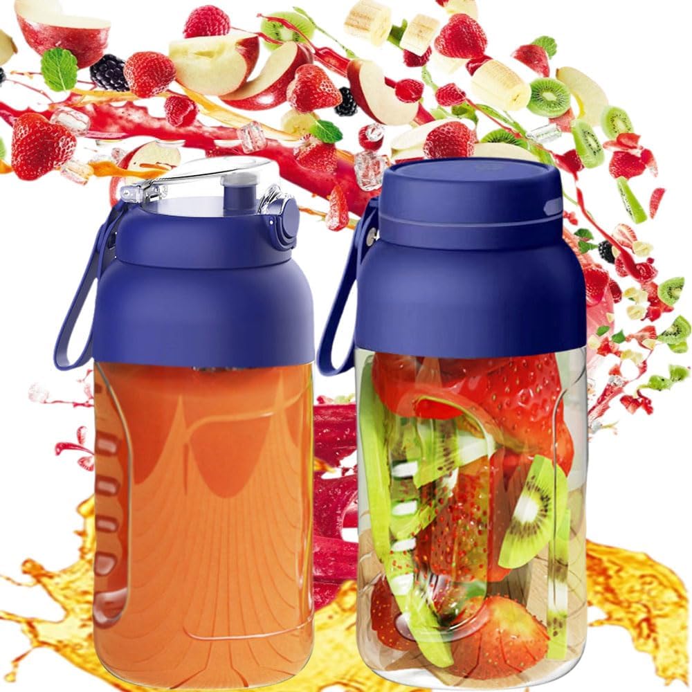 Multi-Purpose Large Capacity Juicing Bottle, Cordless Portable Juicer, Double Cap Lid Water Bottle with Straw,Electric Juicer,Portable Blender Rechargeable,Smoothie Maker (Blue, 42 oz)