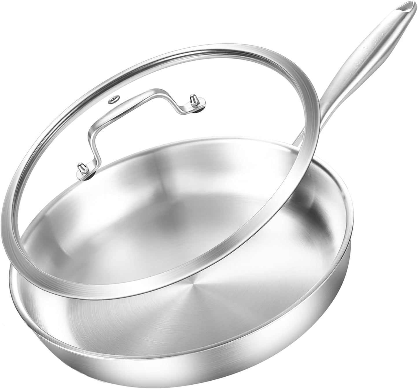 DELARLO Stainless Steel Pan 10.3Inch, Triply Stainless Steel Frying Pan with Lid, Heavy Duty, Compatible with Induction, Gas and Electric up to 650℉, Fast & Even Heating, Dishwasher, Oven Safe Skillet