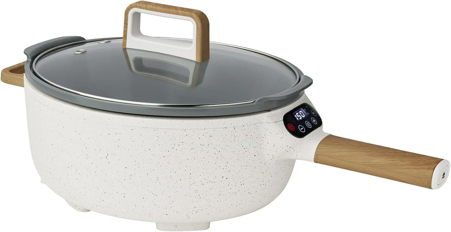 The Pioneers Womans PW8500778514-01 Electric Skillet 3.5L Linen Speckle Non-Stick Ceramic Surface with Glass Lid, Adjustable Digital Temperature, 1400W Power, Detachable Handle, Easy Cleaning Cookware
