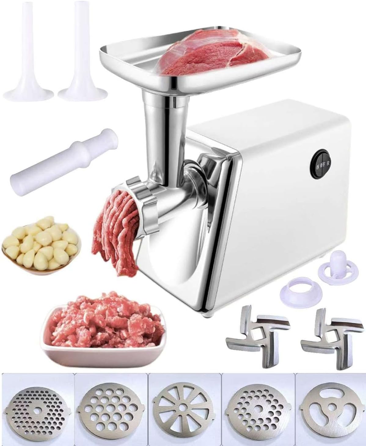 Electric Meat Grinder, Multifunctional Household Food Processing Machine, Stainless Steel White