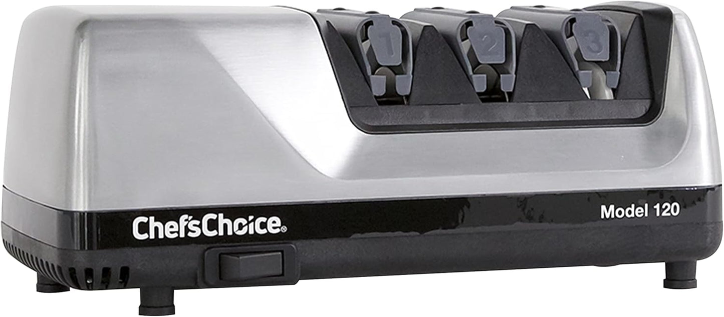 Chef’sChoice Professional Electric Knife Sharpeners Edge Select With 100-Percent Diamond Abrasives And Precision Angle Guides For 20-Degree Straight-Edge and Serrated Knives, 3-Stage, Silver