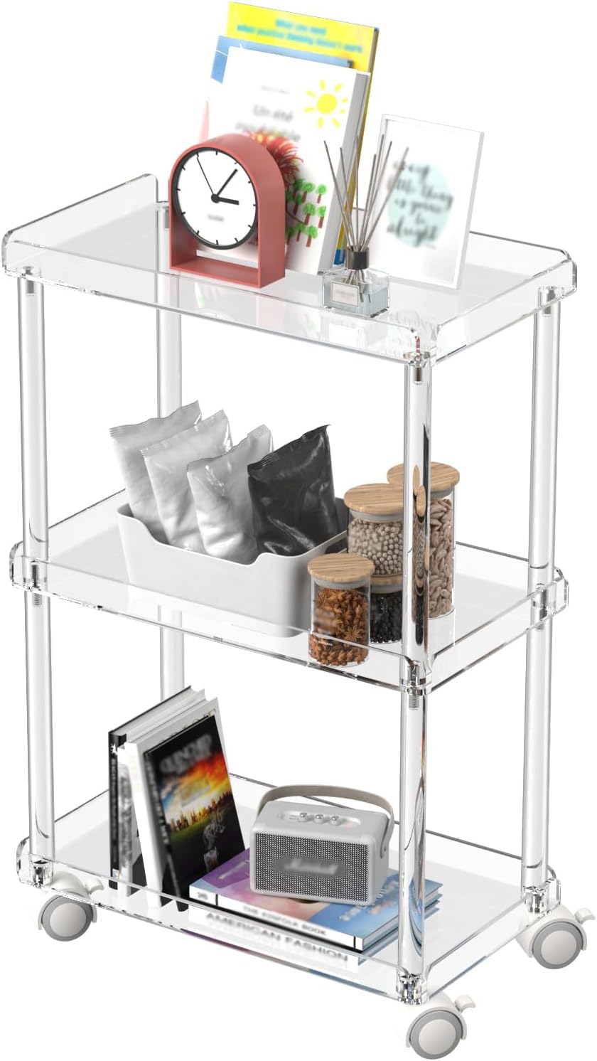 Aquiver Acrylic Slim Storage Cart - 3 Tier Utility Rolling Cart - for Kitchen, Bathroom, Living Room, Laundry, Narrow Places - 15.6'' L x 8.7'' W x 23.6'' H