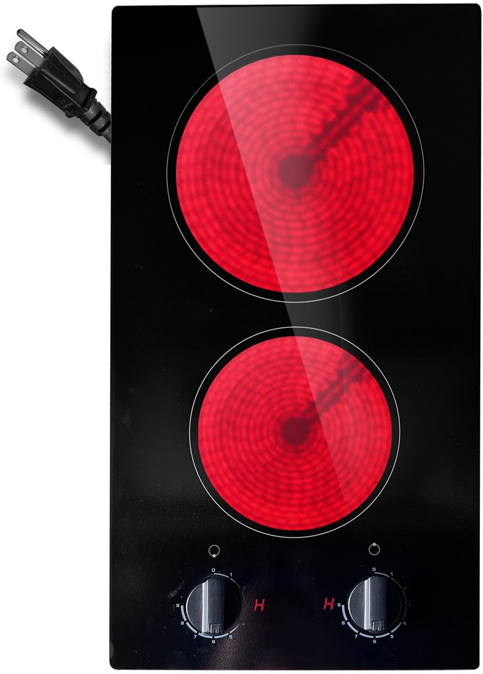 110V Electric Cooktop 2 Burners, 12 Inch Portable Electric Stove Top, Knob Control Countertop Use or Drop-in Install Electri Radiant Ceramic Cooktop, 9 Power Levels, Black Glass