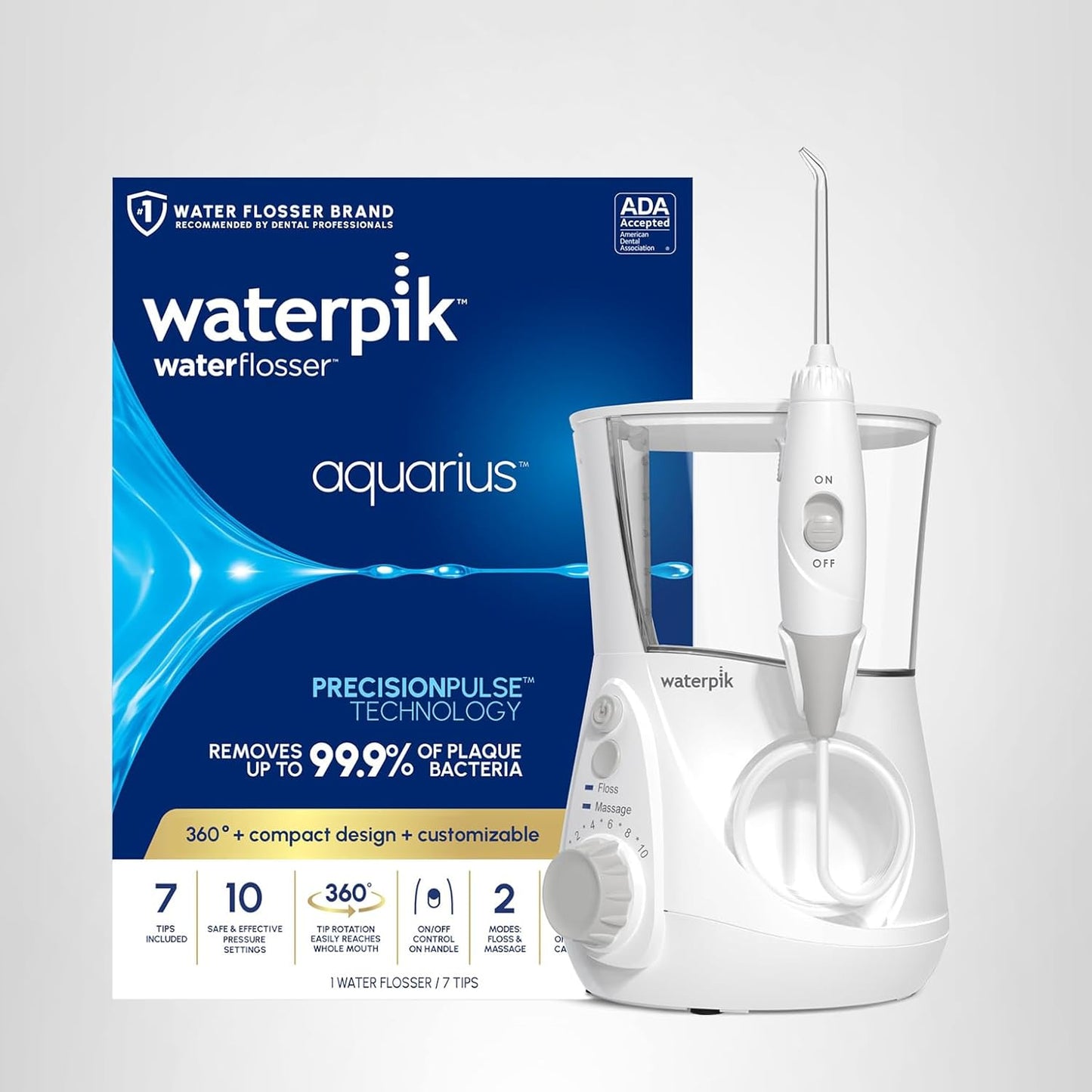 Waterpik Aquarius Water Flosser For Teeth Cleaning, Gums, Braces, Dental Care, Electric Power With 10 Settings, 7 Tips For Multiple Users And Needs, ADA Accepted, White WP-660, Packaging May Vary