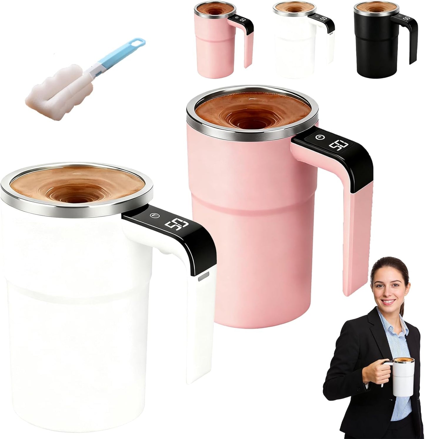 Automatic Magnetic Stirring Cup with Temperature Display, Self Stirring Coffee Mug, Electric Coffee Mug with a Built-in lcd Thermometer, Perfect for Brewing Coffee, Milk, Cocoa, Etc (2Pcs-A)