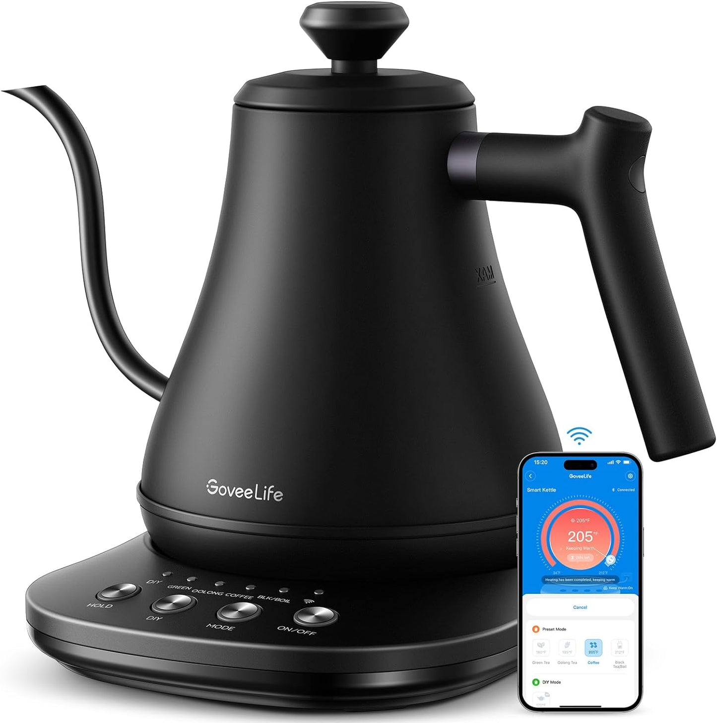 GoveeLife Smart Electric Kettle, 0.8L WiFi Gooseneck Kettle Compatible with Alexa, 5 Modes for Use, 3-minute Fast Heating and 2H Keep Warm, Auto-Shut off for Safety, Stainless Steel, Matte Black\u2026