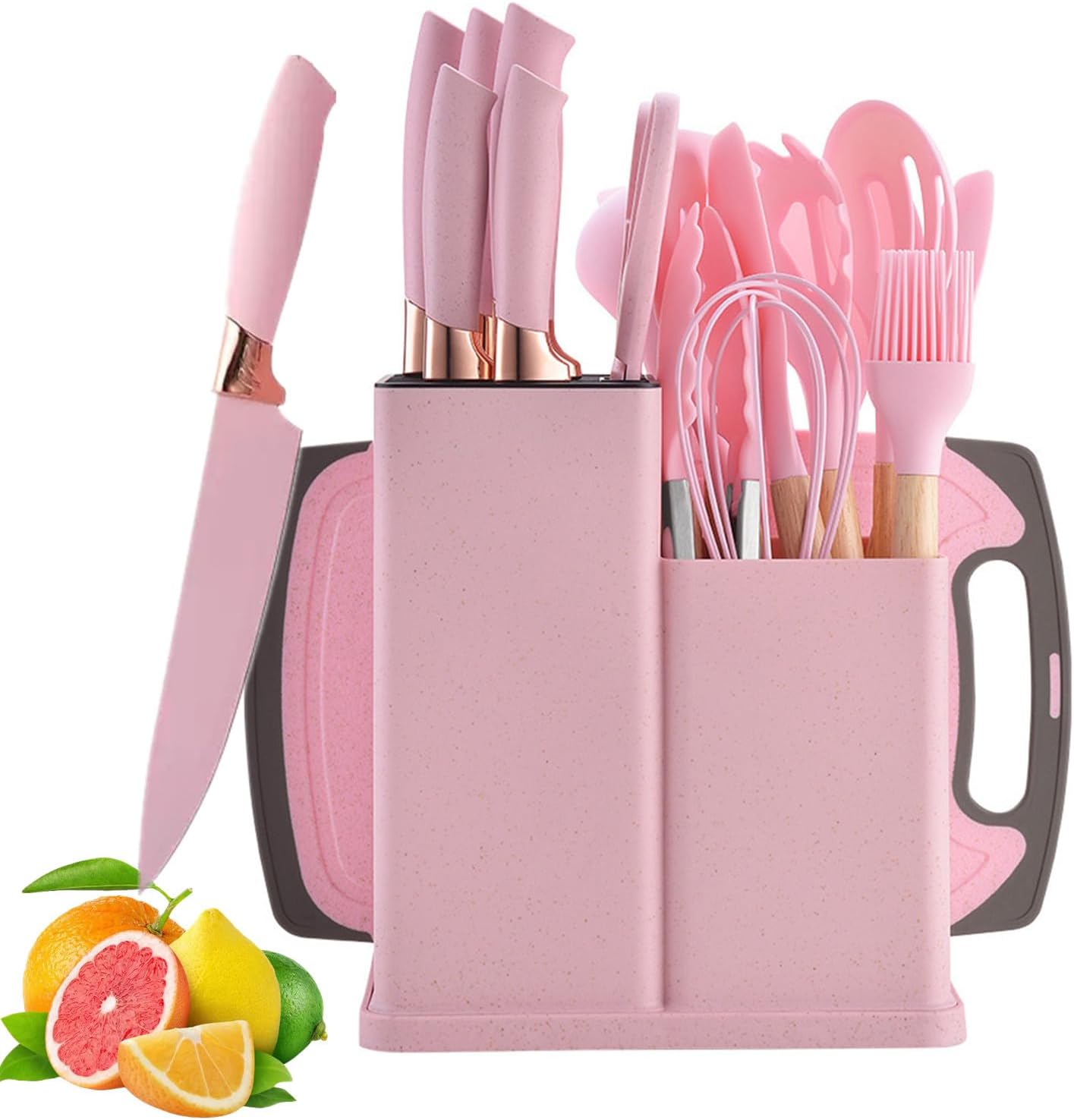 19 Piece Kitchenware Utensils and Knife Set- Includes: 9 Piece Silicone Cooking Utensils- 5 Piece Sharp Stainless Steel Chef Knives- Scissors -Whisk Tongs and Cutting Board (Pink)
