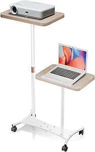 2 Shelves Projector Stand, Mobile Laptop Cart on Wheels Projector Stand Adjustable Height 20 to 53 Inches, Overbed Table with 5 Lockable Casters, Rolling Laptop Floor Stand for Couch