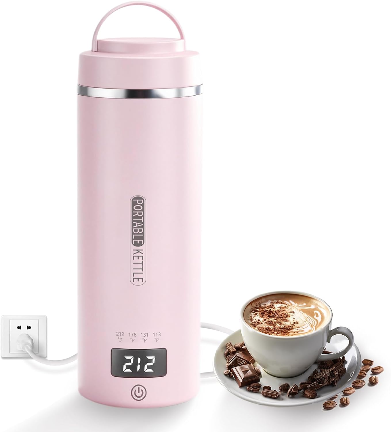 Travel Kettle Portable Electric Kettle with Plug-in Boiling & Keeps Warm via USB, Portable Water Boiler with 4 Temperature Settings, 304 Stainless Steel with Auto Shut-off 16oz(Pink)