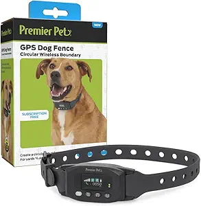 Premier Pet GPS Dog Fence with Circular Wireless Boundary - Customizable Safe Roaming Zones - Humane E-Collar with Tone Vibration & Static Modes - Rechargeable Water-Resistant Collar