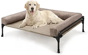 Veehoo Elevated Raised Dog Bed-Cooling Outdoor Dog Cot Bed for Large Sized Dogs Three-Sided Fence Raised Pet Cot with Mesh &No-Slip Feet Dog Hammock Bed with Removable Bolster-35 x 22" Beige Coffee