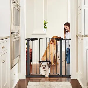 MYPET North States Wide Deco EasyPass Pet Gate with Patented Adjustable pet Door: 29.75" - 40.5" Wide Dog Gate. Pressure Mount, No Tools Needed. Dog Gates for The House, 31" Tall, Graphite