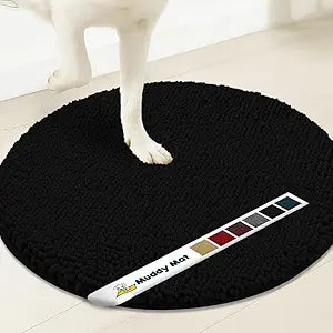 Muddy Mat® Shown on TV – Super Absorbent Microfiber Dog Door Mat for Muddy Paws, Non-Slip Washable Pet Rug, Quick Dry Chenille Entryway Carpet, Machine Washable Indoor Outdoor Mat, Black Round 6ft