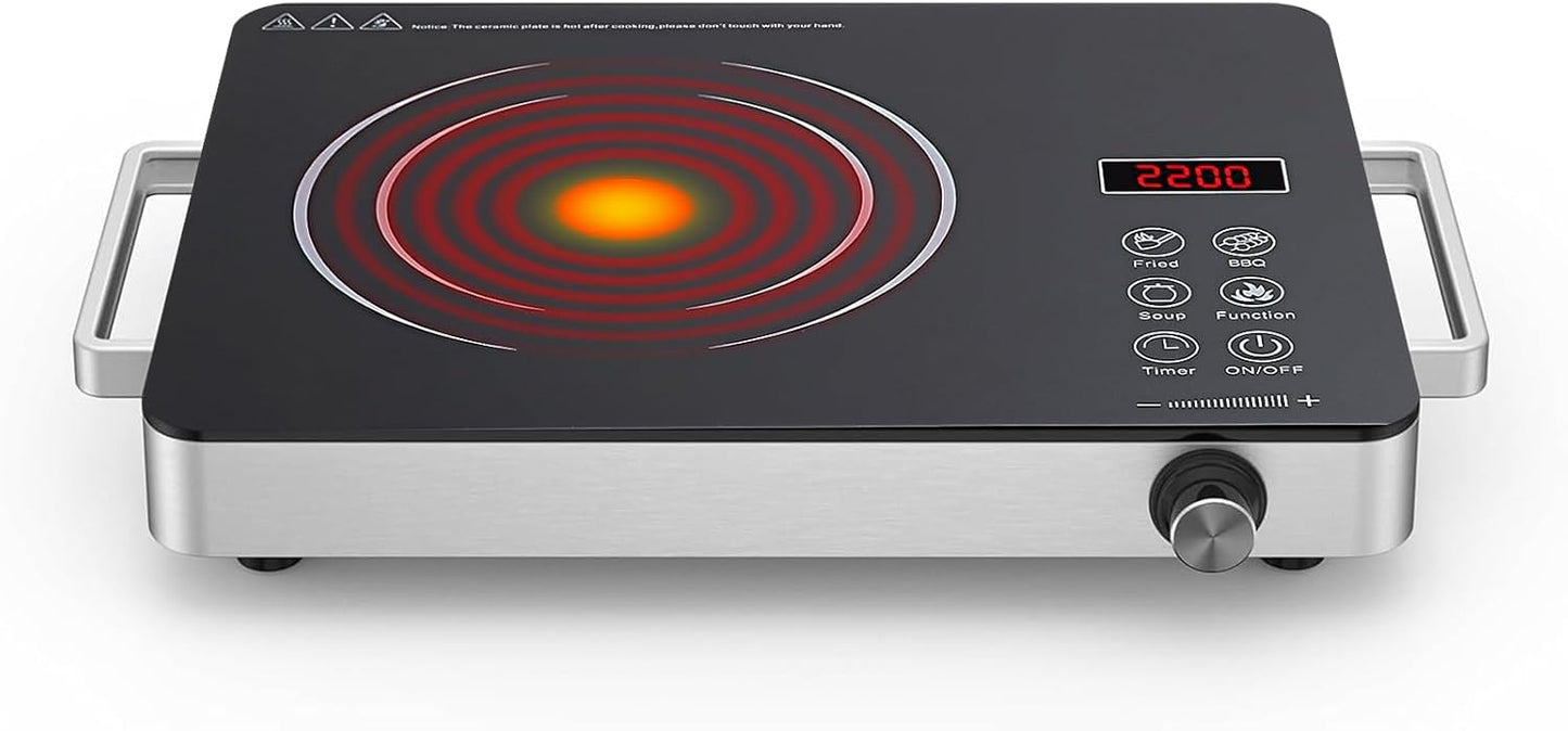 1800W Portable Electric Stove 4-Hour Timer Electric Heating Plate Surface Touch and Knob Controls 12-Level Power Temperature Adjustment Compatible with All Flat-Bottom Cookware
