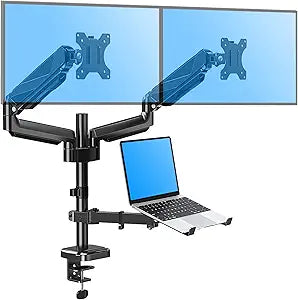 MOUNTUP Dual Monitor and Laptop Mount, Adjustable Monitor Stand for 2 Max 27" Computer Screens, Laptop Tray Fits 10-17inch Notebook, Holds 4.4-17.6lbs Per Arm, 3-in-1 Adjustable Monitor Desk Mount