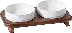6.1inch Raised Double Cat Bowls Set with Acacia Wood Stand, Wide Whisker Friendly Ceramic Food & Water Bowls for Cats, Puppy, Kitty, Pet Bowl(Double Bowls+Stand, Arctic White)