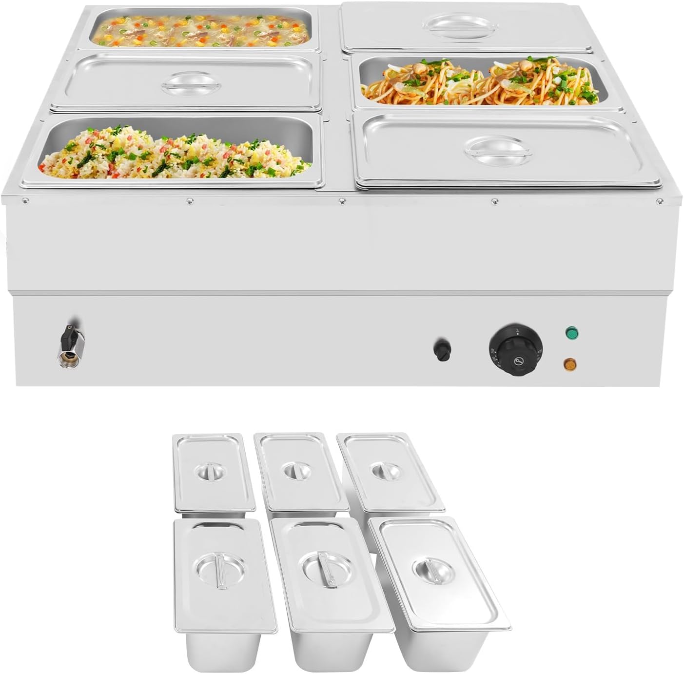 1500W Electric Food Warmer, Stainless Steel Buffet Warmer, 6 Food Pans and 6 Lids Commercial Pan Warmer, 86-230°F Temperature Control for Catering Restaurant and Parties