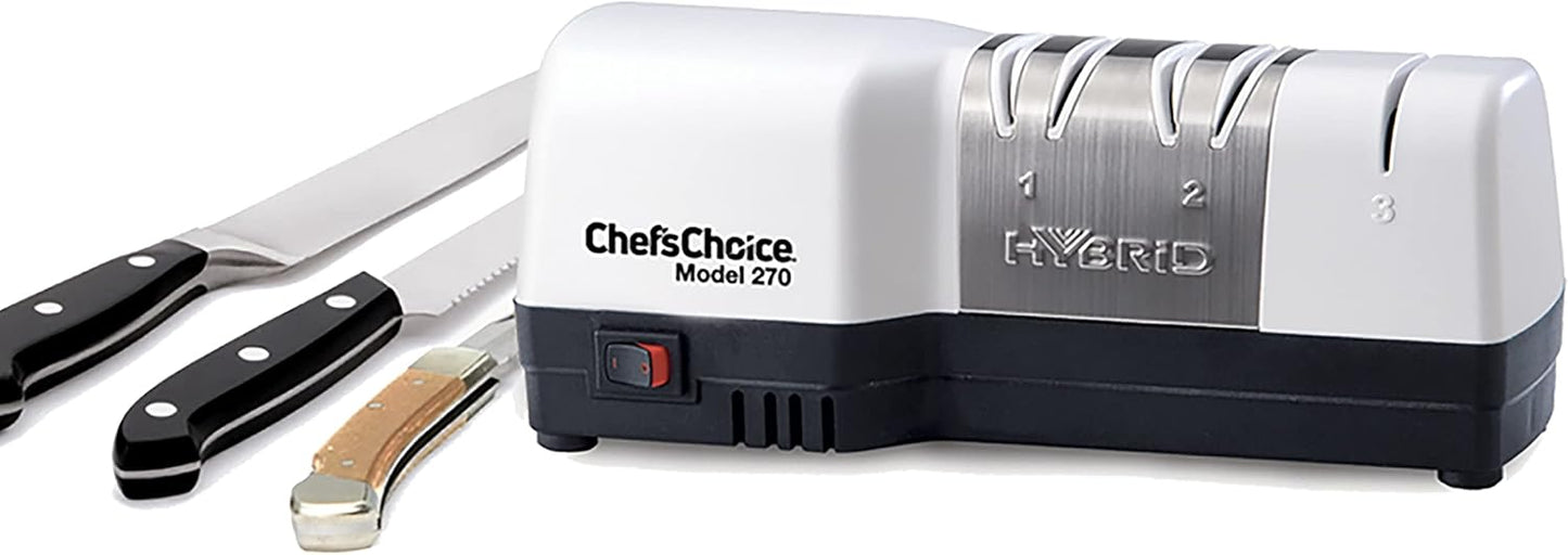 Chef'sChoice Hybrid Knife Sharpeners for 20-Degree Straight-Edge and Serrated Knives Combines Electric & Manual Sharpening With 100-Percent Diamond Abrasives And Precision Angle Guides, 3-Stage, White