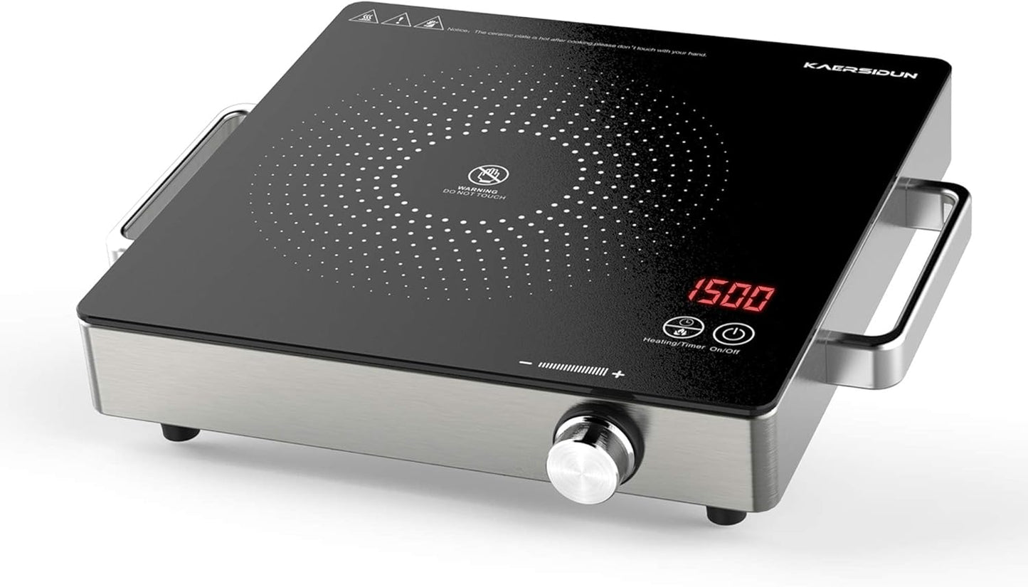 Hot Plate Electric Single Burner 1500W Portable Burner for Cooking with Adjustable Temperature & Stay Cool Handles, Stainless Steel Easy To Clean, Non-Slip Rubber Feet, Compatible for All Cookwares