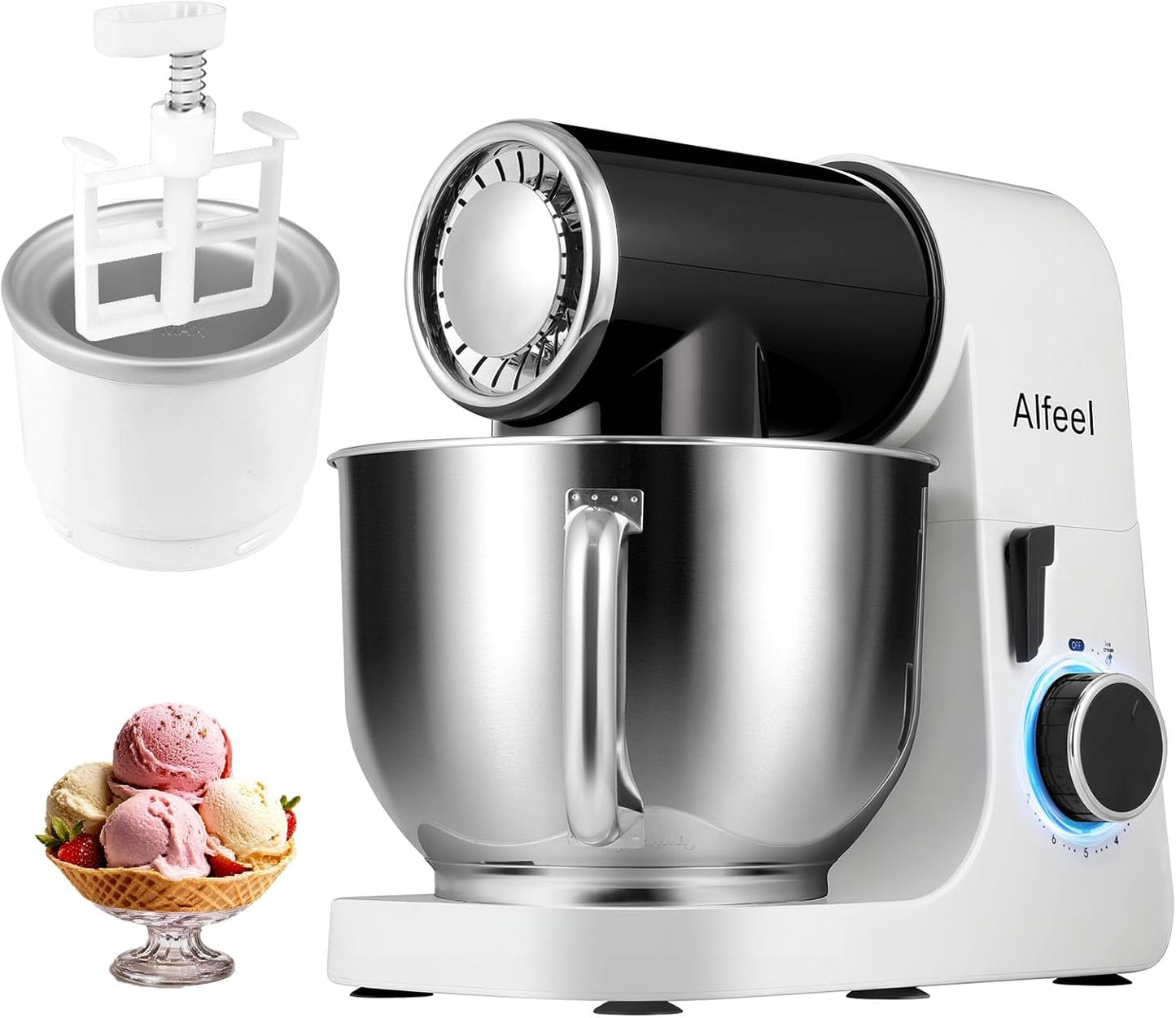 Aifeel Stand Mixer, 6.5QT Mixer with Ice Cream Maker Attachments, Kitchen Electric Mixer Multifunctional Bread Dough Mixer with Dough Hook,Whisk & Beater, Food Mixer for Baking (Black-White)