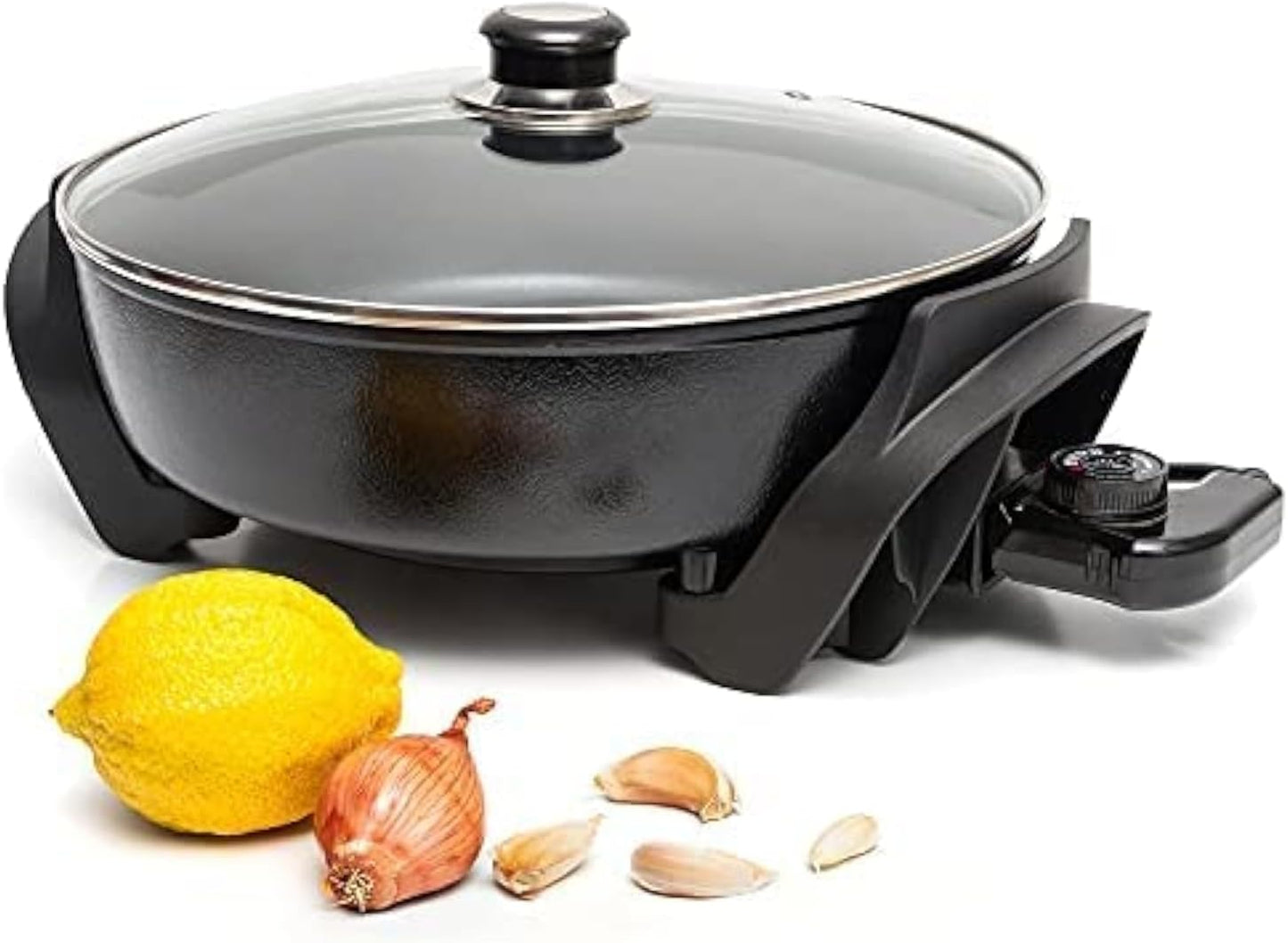 Moss & Stone Round Electric Skillet with Lid \u2013 12x12 Inch Aluminum Nonstick Electric Frying Pan 5Qt, Adjustable Temperature Control, Vented Glass Lid, Dishwasher Safe, Heat-Resistant Handles