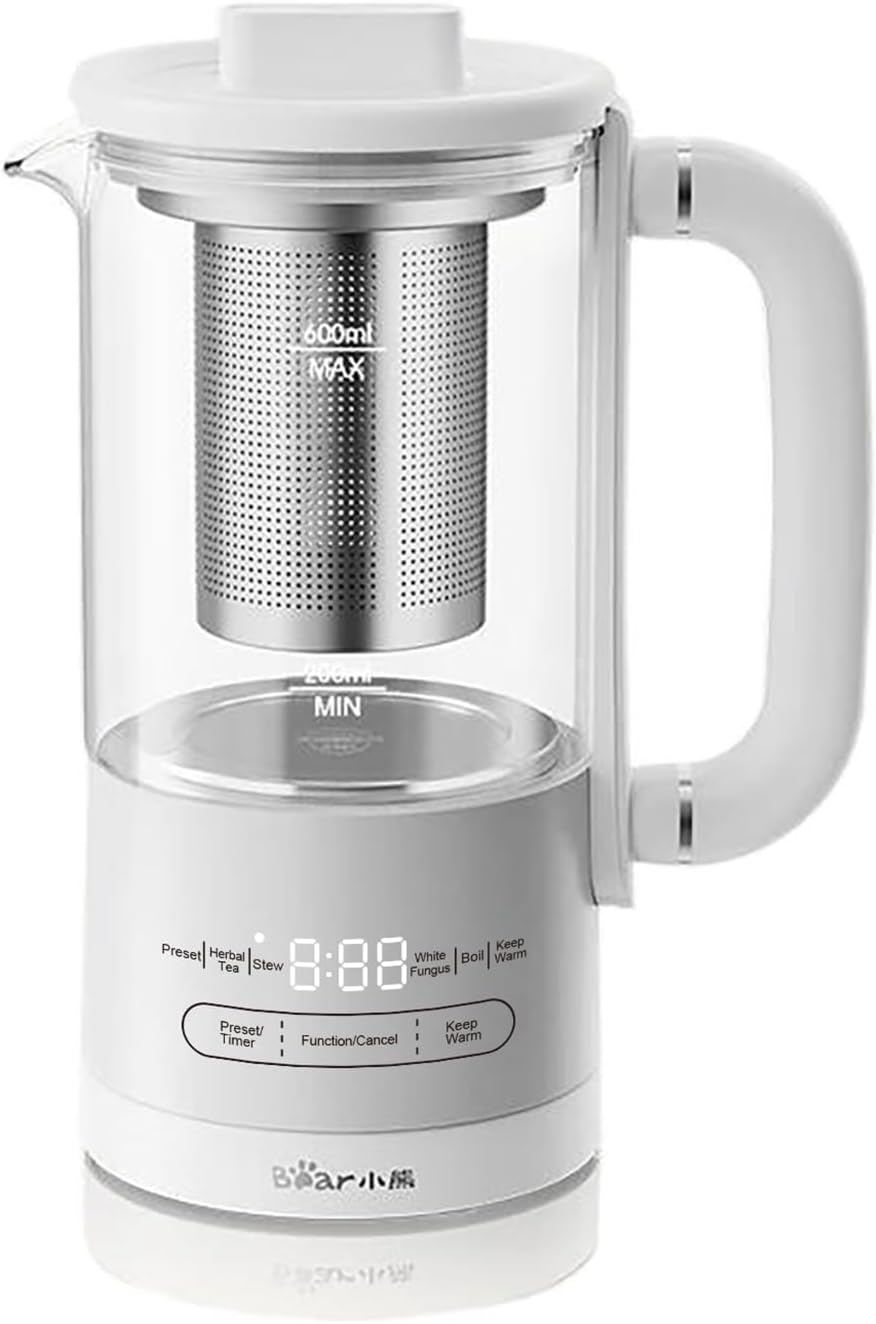Bear HK-5L06P04 Mini Health Pot, Electric Kettle Tea Maker with Infuser, Glass Kettle & 316L Stainless Steel, 6 Auto Menus, 0.6L Compact Size, White