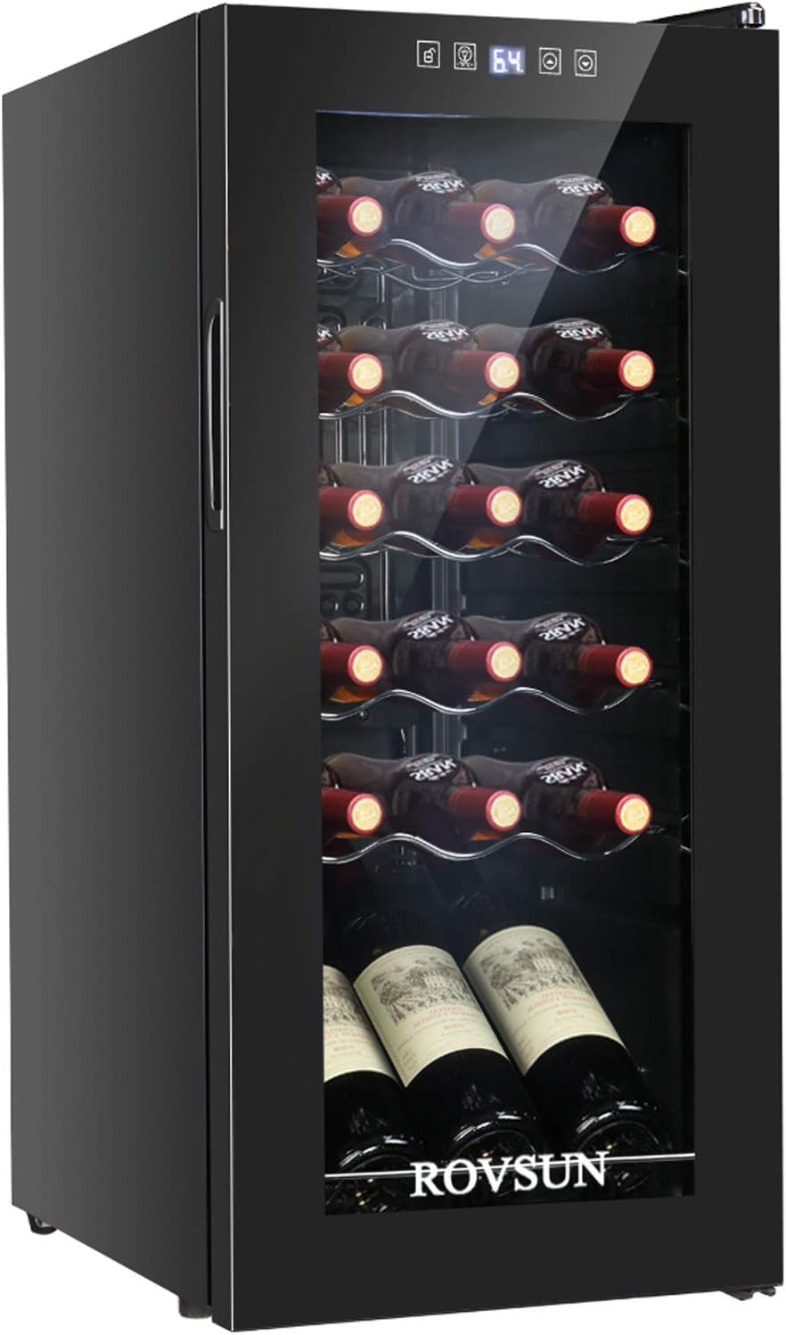 ROVSUN 18 Bottle Wine Fridge, Freestanding Compressor Wine Cooler Refrigerator, Beverage Wine Chiller with Digital Temperature Control & Double-layer Glass Door for Red White Wine, Champagne, Beer