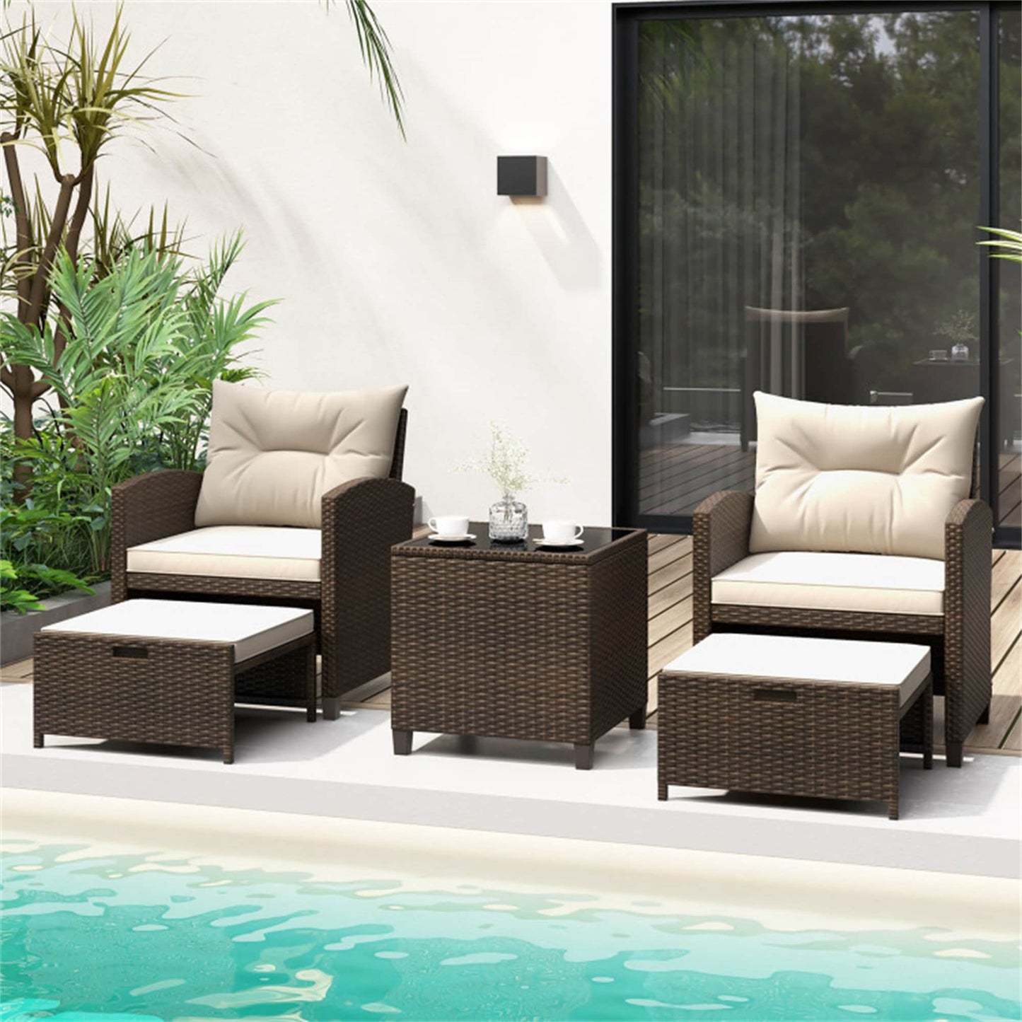 BABOOM Patio Rattan Furniture Set 5 -Piece Rattan Patio Conversation Set with Off-white Cushions