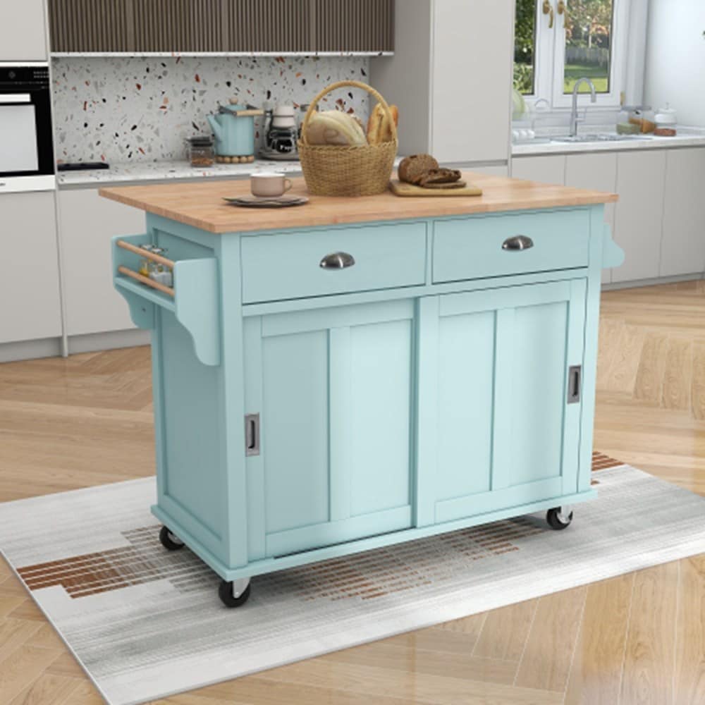 Runesay Green Wood Base with Wood Wood Top Rolling Kitchen Island ( 20.50-in x 52.20-in x 36.60-in )