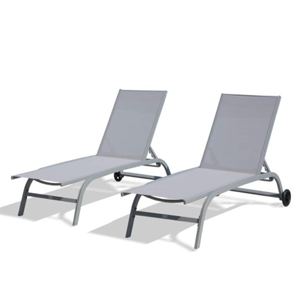 Zeus & Ruta Set of 2 Woven Stackable Gray Aluminum Frame Stationary Chaise Lounge Chair with Blue Solid Seat