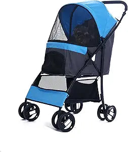 4 Wheels Pet Stroller,Easy-Foldable Dog Cat Cage Jogger Stroller with Weather Cover for All-Season,Storage Basket and Visible Mesh for Small/Medium Pets up to 33lbs (Blue)